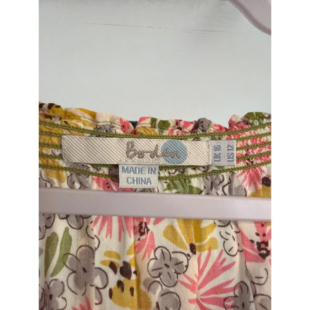 Boden Floral Smocked Neck Blouse Pink Yellow Short Puff Sleeve Top WA299 US 12
